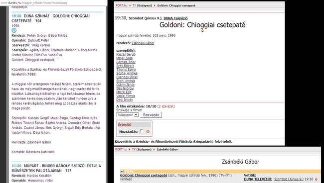 Balra a dunatv.hu műsorújságjának képe, jobbra a port.hu megoldása a feladványra - egyik sem nyert